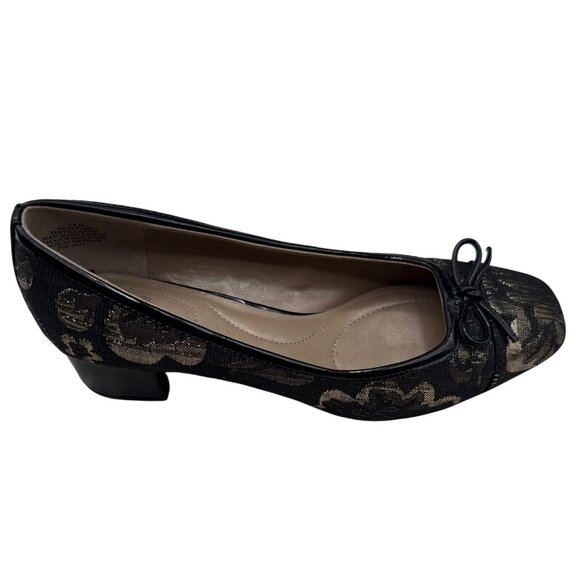 Bandolino Size 7.5 Business Style Floral Square Toe Slip On Black Gold Heels - Picture 8 of 13